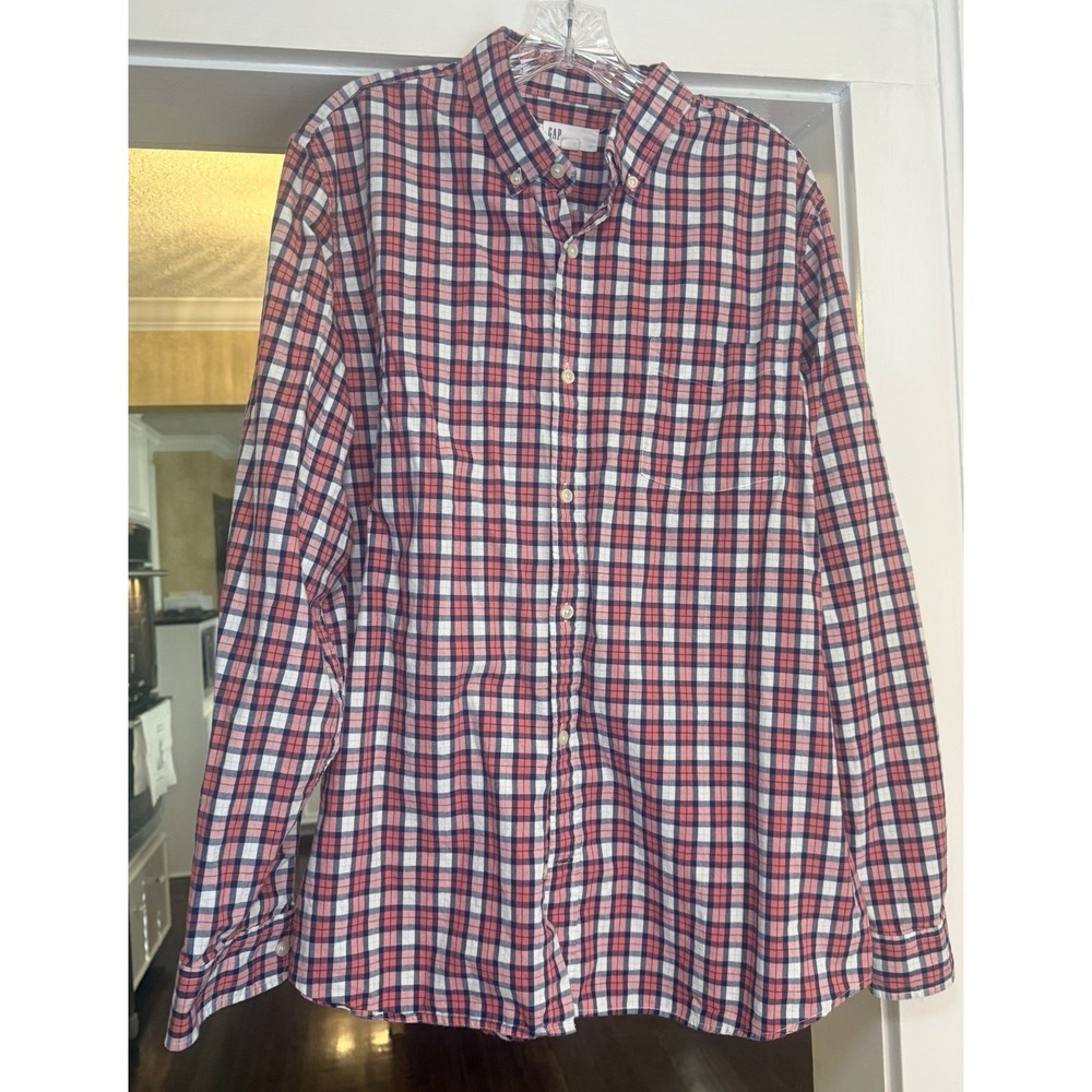 Gap Men's Red & Blue Plaid Long Sleeve Button Down Standard Fit 100% Cotton XL‎
